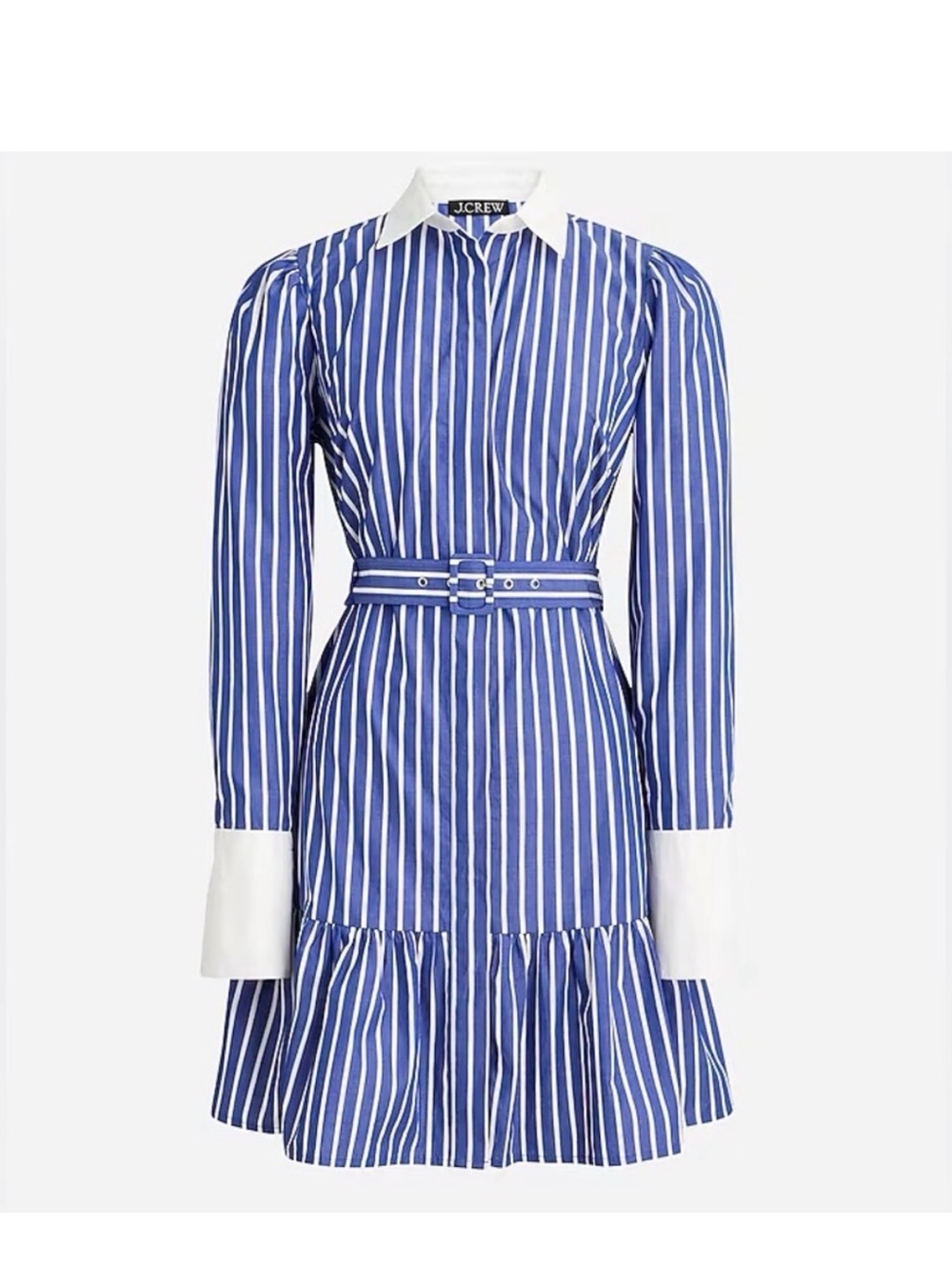 J. Crew Blue and White Striped Belted Shirt Dress